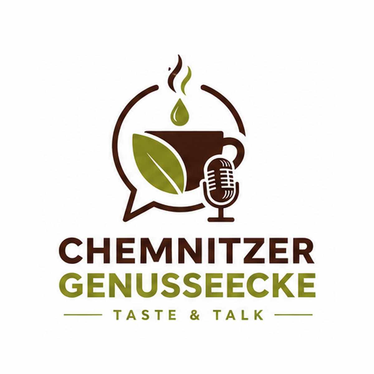Logo „Chemnitzer Genussecke – Taste & Talk“ mit stilisierter Tasse, Teeblatt, Mikrofon und Sprechblase für Veranstaltungen rund um Genuss, Verkostung und Austausch.