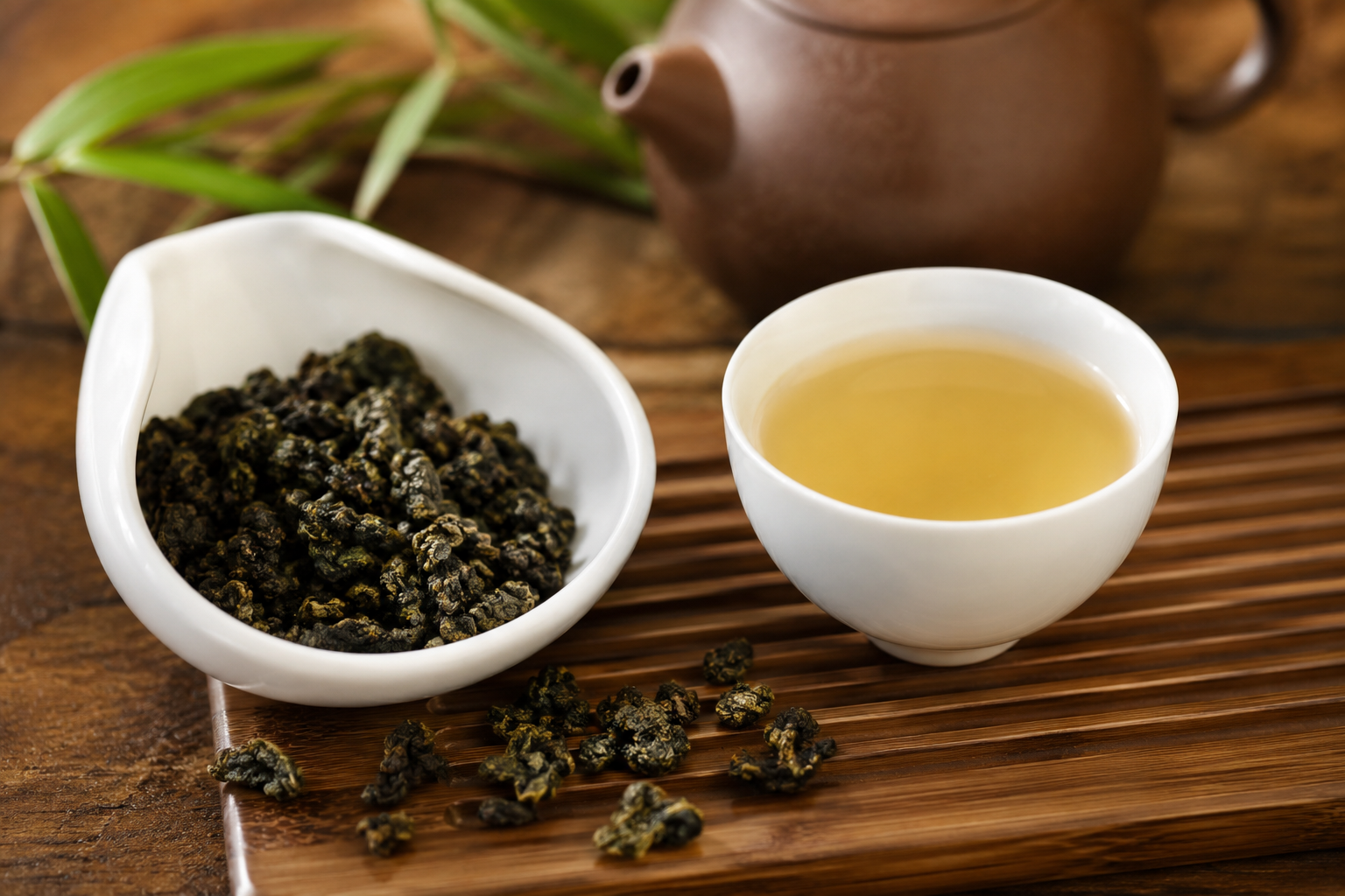 Oolong Tee – halbfermentierter Tee mit goldener Tasse und traditionellen Teeblättern